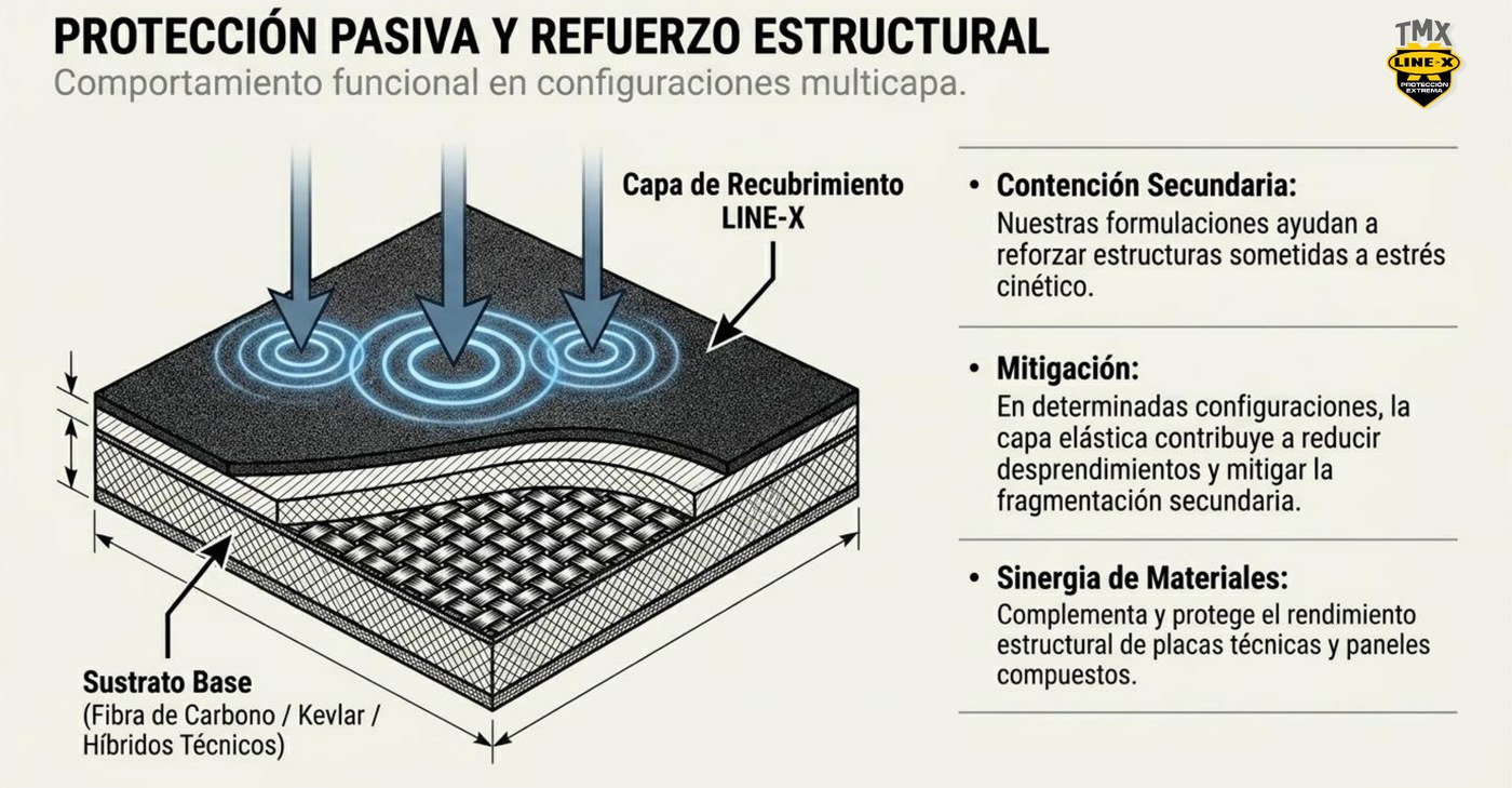 Diagrama técnico: protección pasiva y refuerzo estructural LINE-X